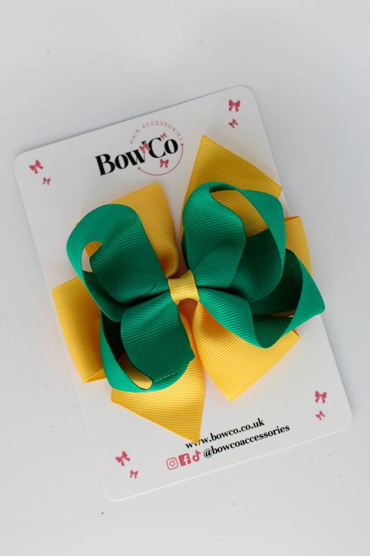 4.5 Inch Double Bow - Clip - Parrot Green and Yellow Gold