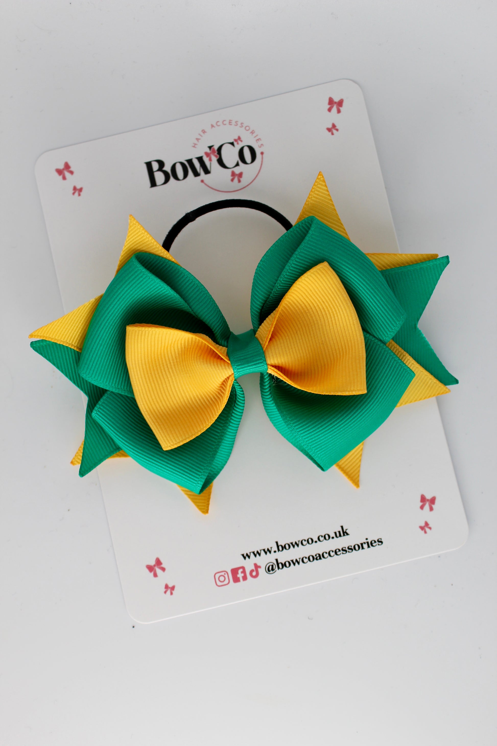 3.5 Inches Layer Bow - Elastic Bobble - Parrot Green and Yellow Gold