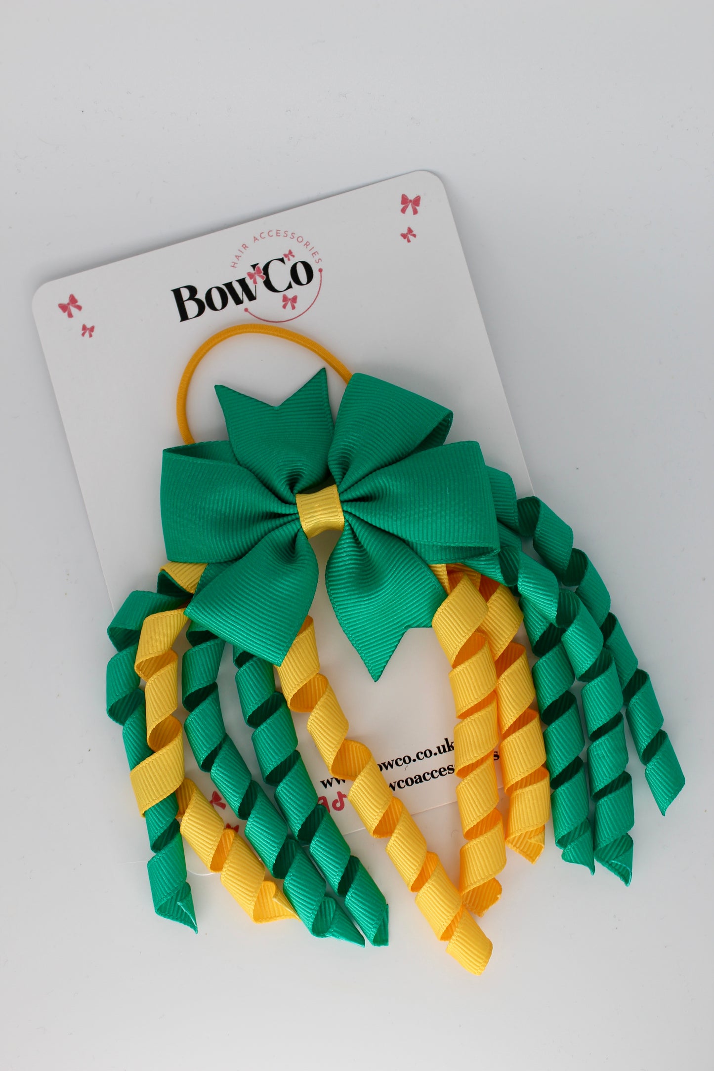 3 Inch Pinwheel Corker Bow - Elastic Bobble - Parrot Green and Yellow Gold