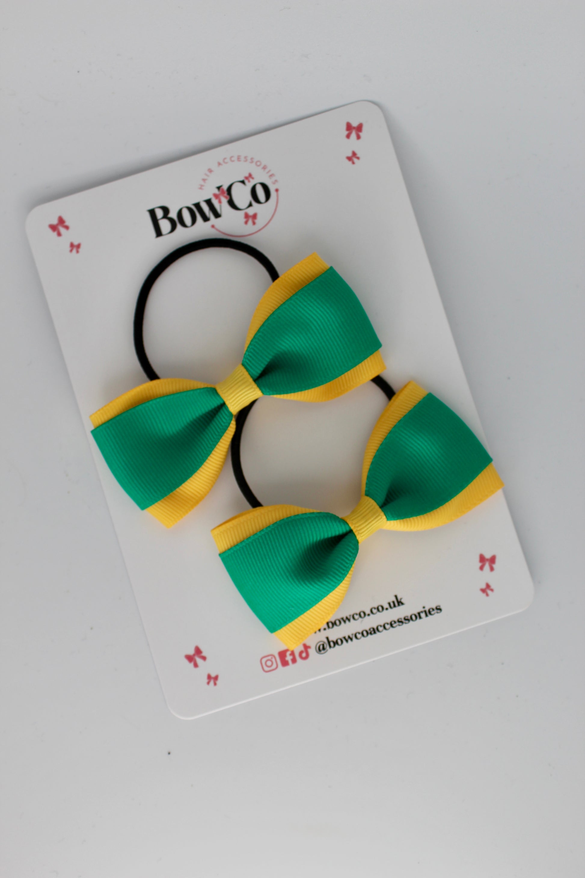 3 Inch Tuxedo Bow - Elastic - 2 Pack - Parrot Green and Yellow Gold