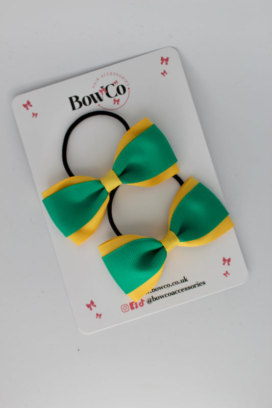 3 Inch Tuxedo Bow - Elastic - 2 Pack - Parrot Green and Yellow Gold