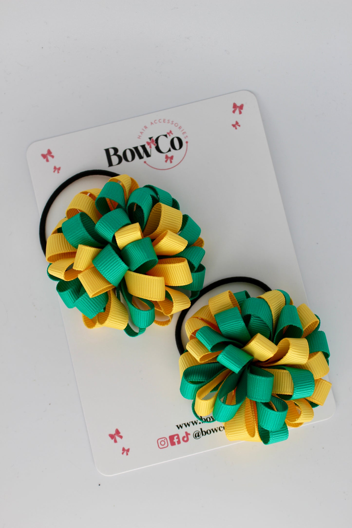 2.5 Inches Pom Pom Elastic Bobble - 2 Pack - Parrot Green and Yellow Gold