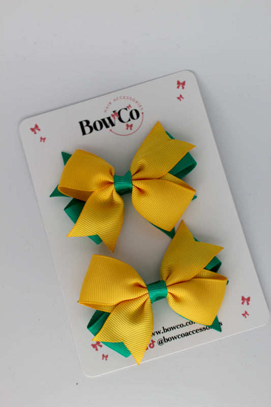 3 Inch Layer Tail Bow - Clip - 2 Pack - Parrot Green and Yellow Gold