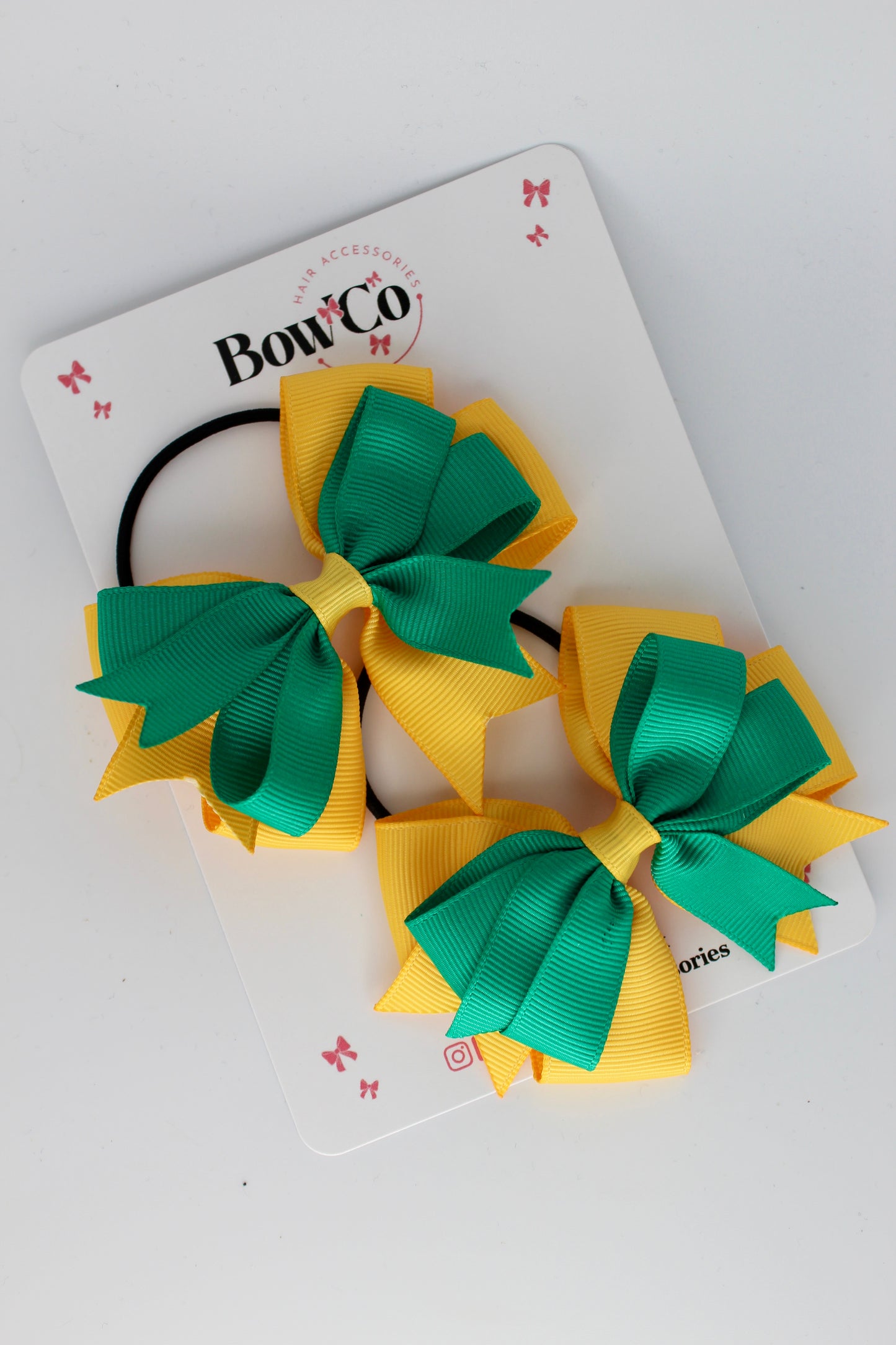 3 Inch Double Tail Bow - Elastic Bobble - 2 Pack - Parrot Green and Yellow Gold