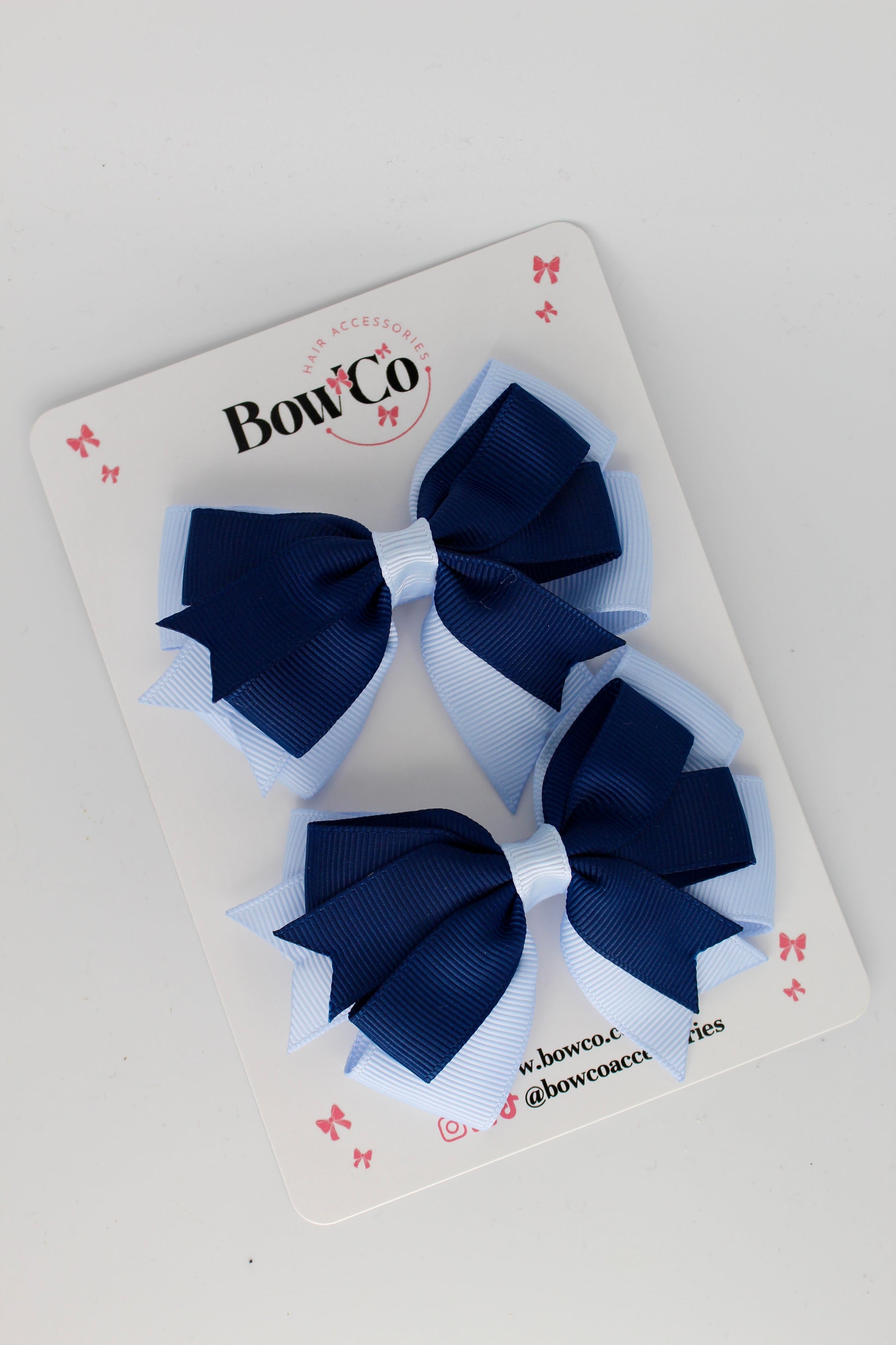 3 Inch Double Tail Bow - Clip - 2 Pack - Navy Blue and Bluebell