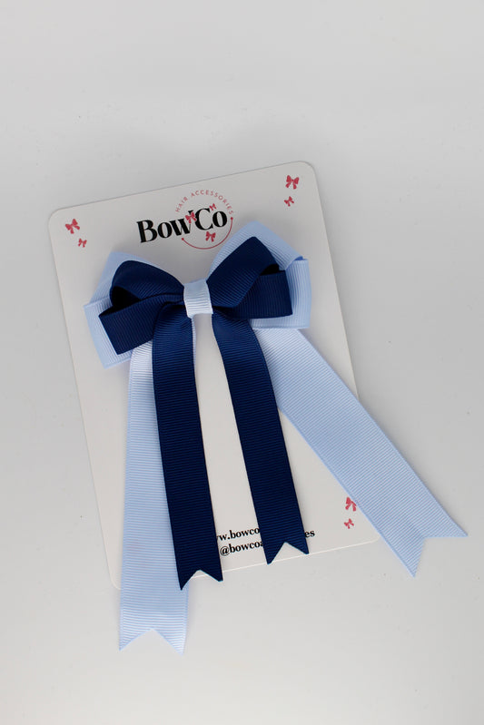 4.5 Inch Ponytail Double Bow - Navy Blue and Bluebell