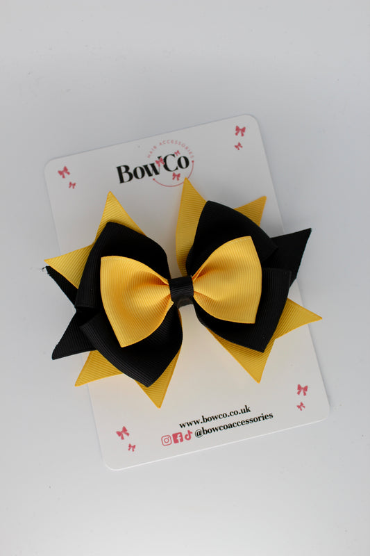 3.5 Inches Layer Bow - Clip - Black and Yellow Gold