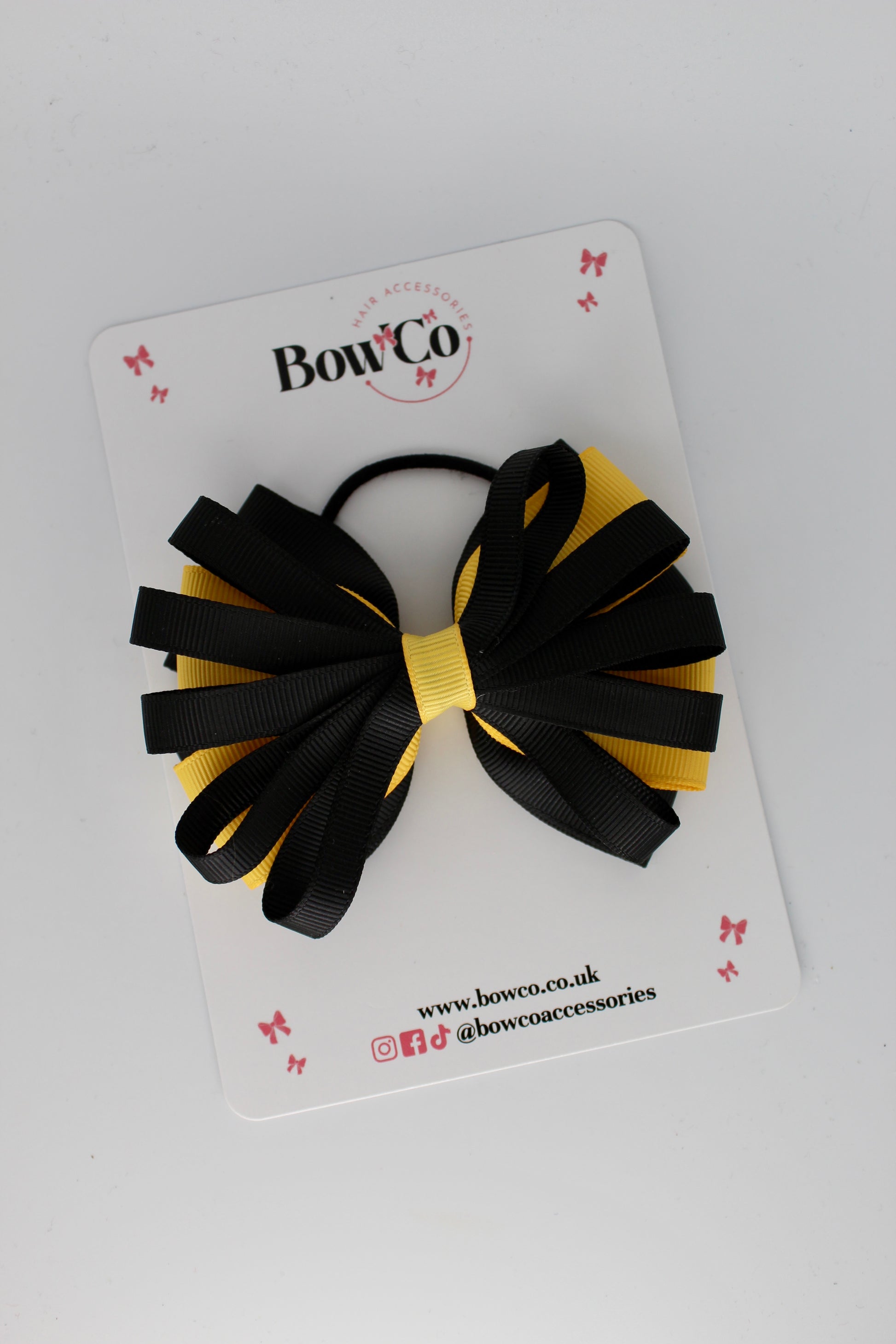 4 Inch Spiral Bow - Elastic Bobble - Black and Yellow Gold