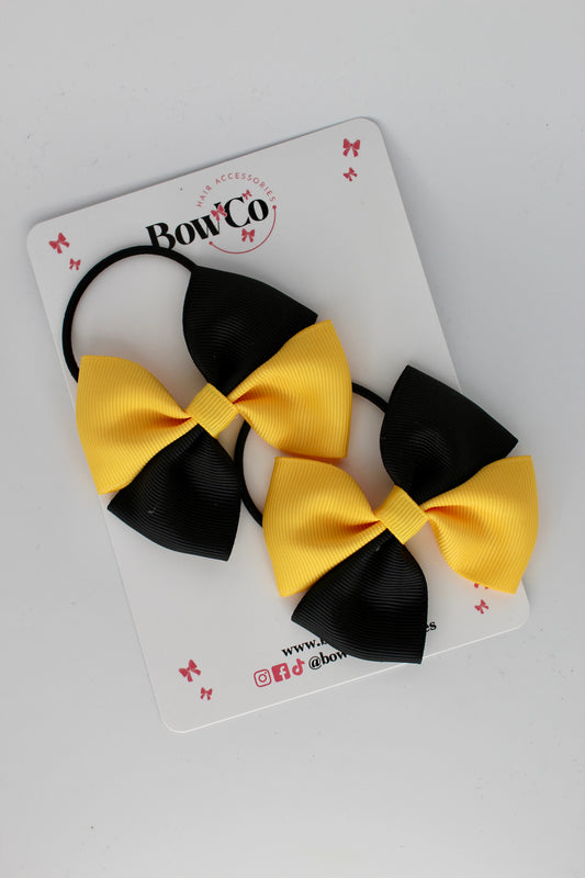 3 Inch Twist Bow - 2 Pack - Elastic Band - Black and Yellow Gold