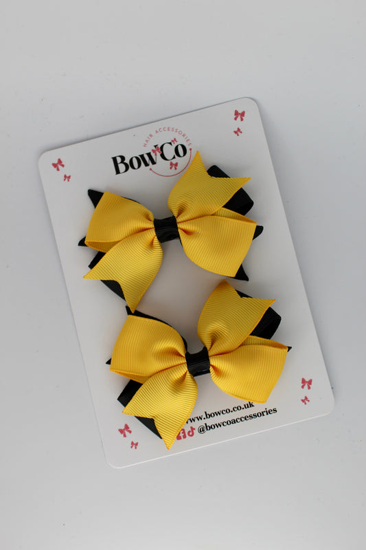 3 Inch Layer Tail Bow - Clip - Black and Yellow Gold - 2 Pack