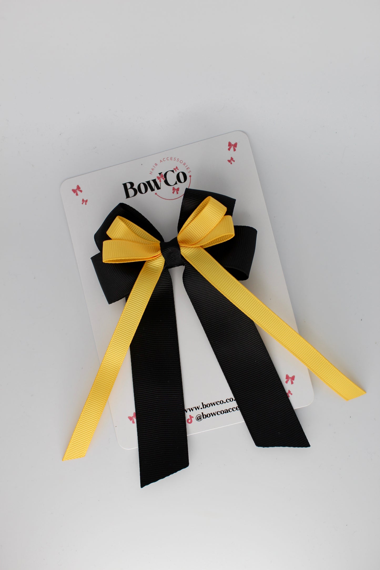 4 Inch Loop Bow Clip PonyTail - Black and Yellow Gold