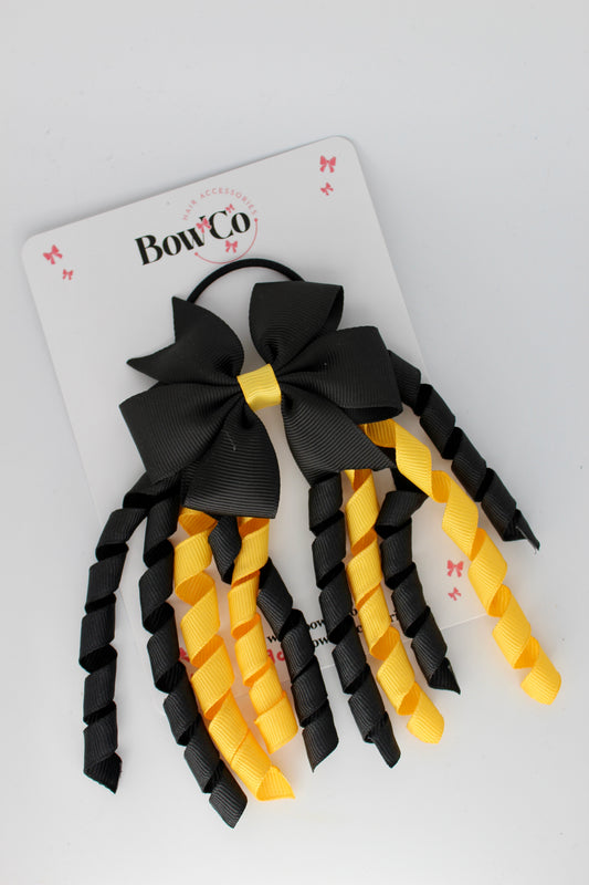 3 Inch Pinwheel Corker Bow - Elastic Bobble - Black and Yellow Gold