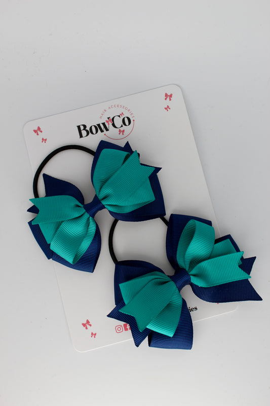 3 Inch Double Tail Bow - Elastic Bobble - 2 Pack - Jade Green and Navy Blue