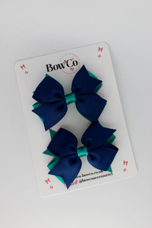 3 Inch Layer Tail Bow - Clip - 2 Pack - Jade Green and Navy