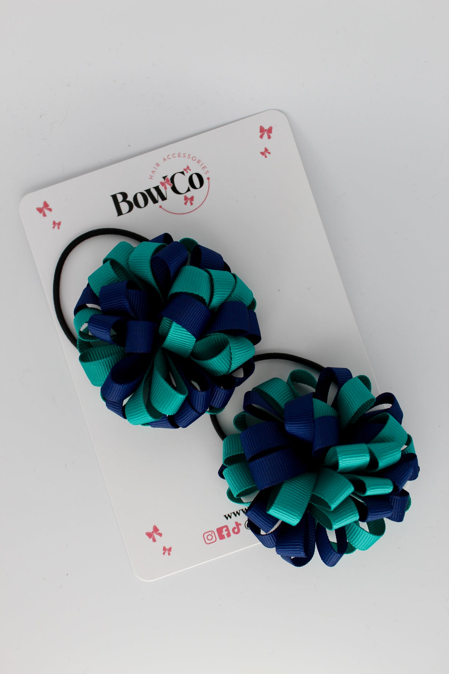 2.5 Inches Pom Pom Elastic Bobble - 2 Pack - Jade Green and Navy Blue