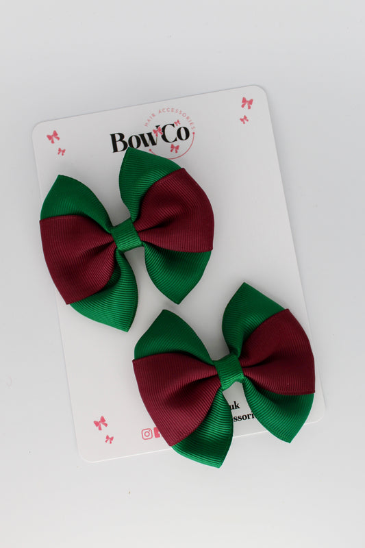 Forest Green and Burgundy - Round Tuxedo Bow Set - Clip