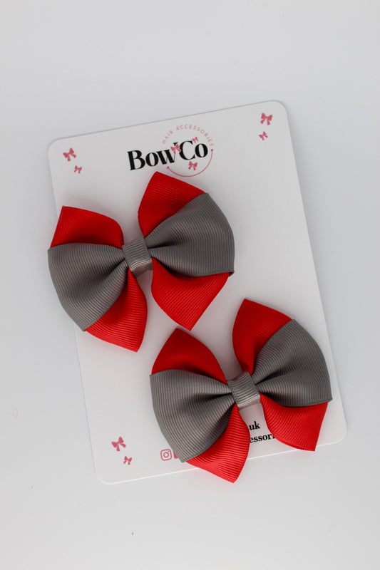 Red and Metal Grey - Round Tuxedo Bow Set - Clip