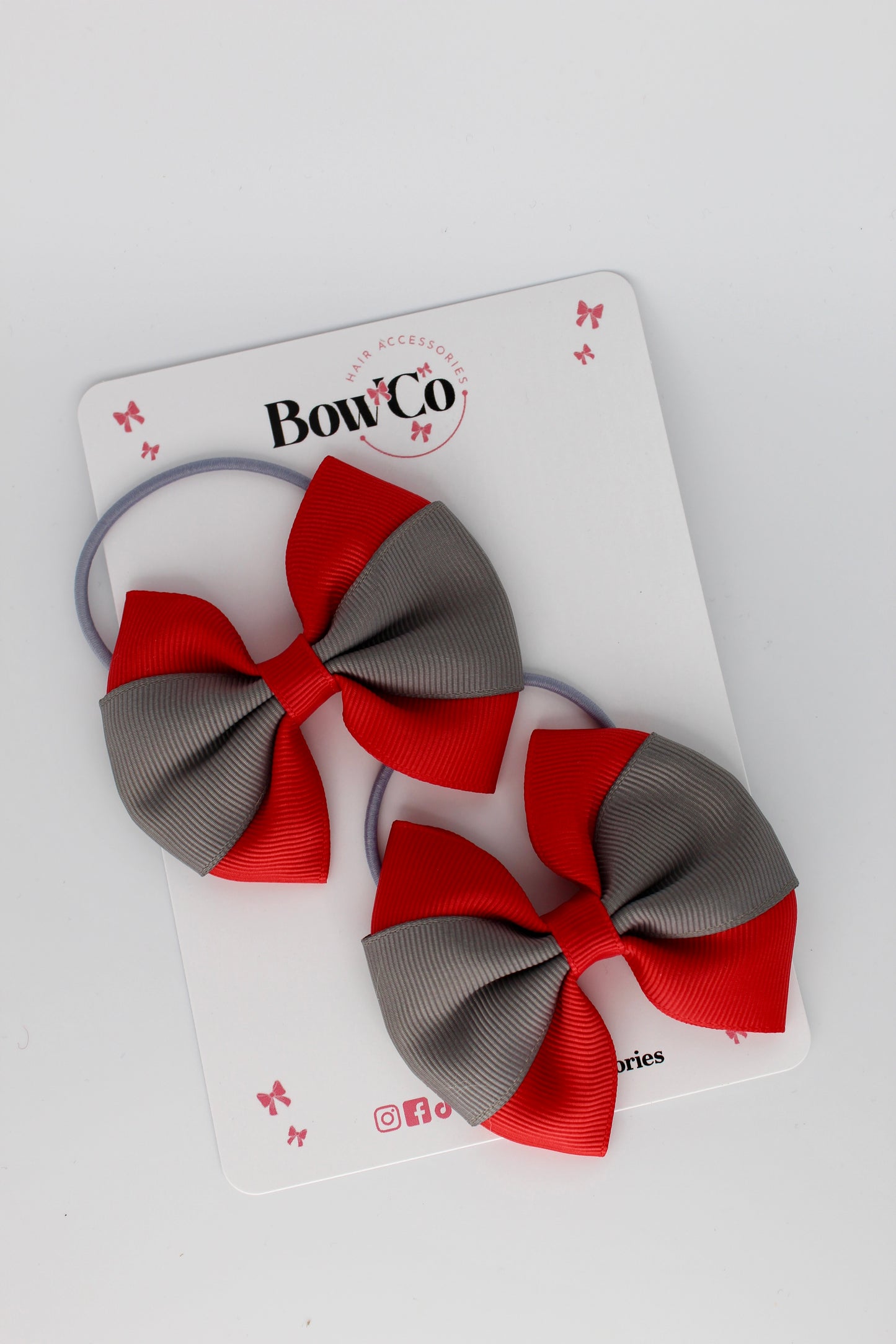 Red and Metal Grey - Round Tuxedo Bow Set - Elastic