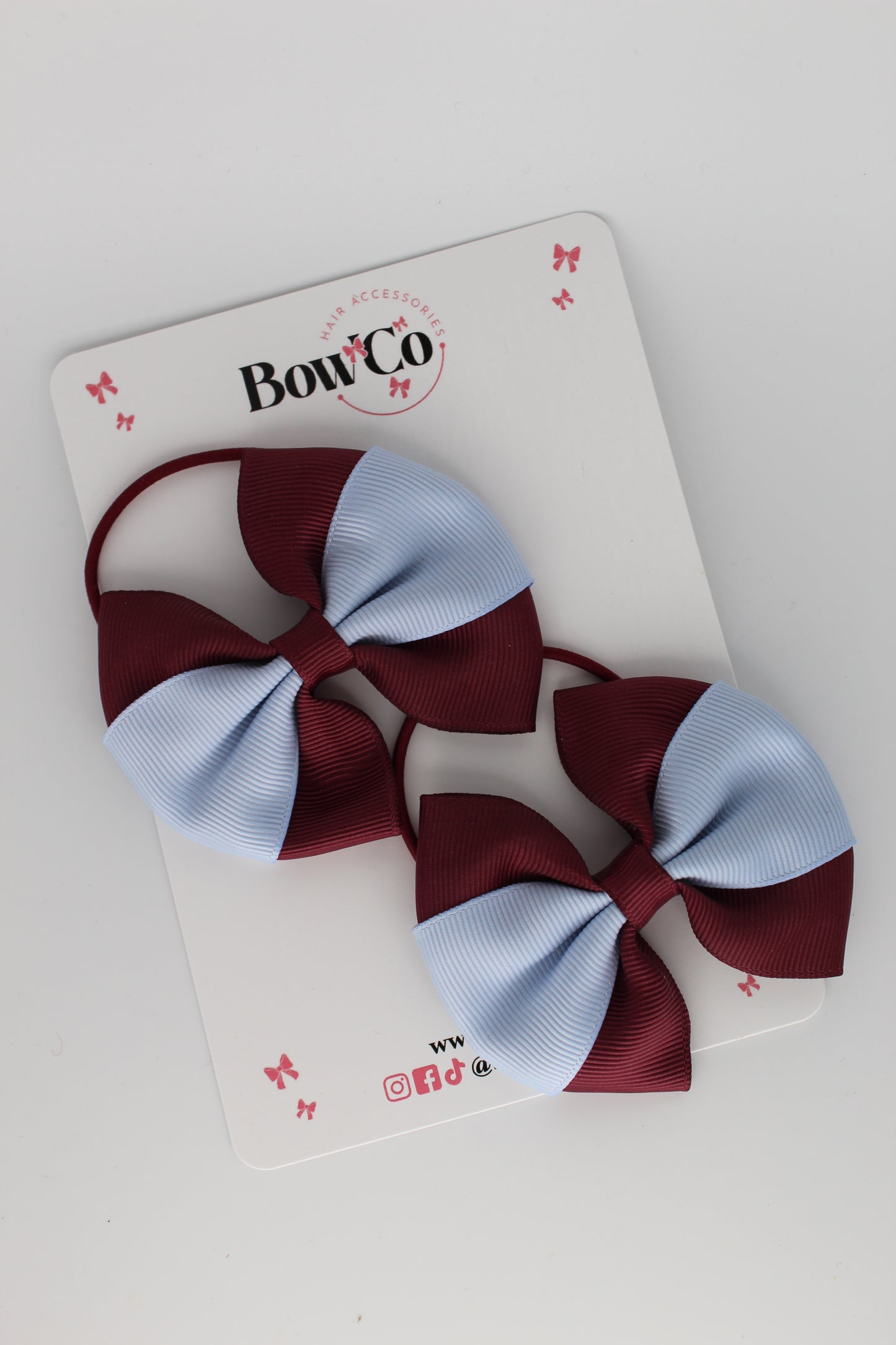 Burgundy and Bluebell - Round Tuxedo Bow Set - Elastic