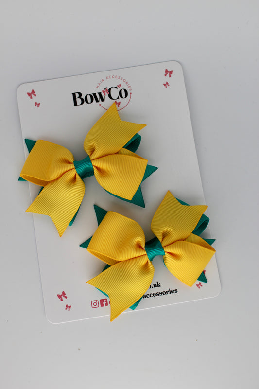 3 Inch Layer Tail Bow - Clip - 2 Pack - Jade Green and Yellow Gold