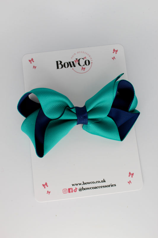 4 Inch Loop Bow - Clip - Jade Green and Navy