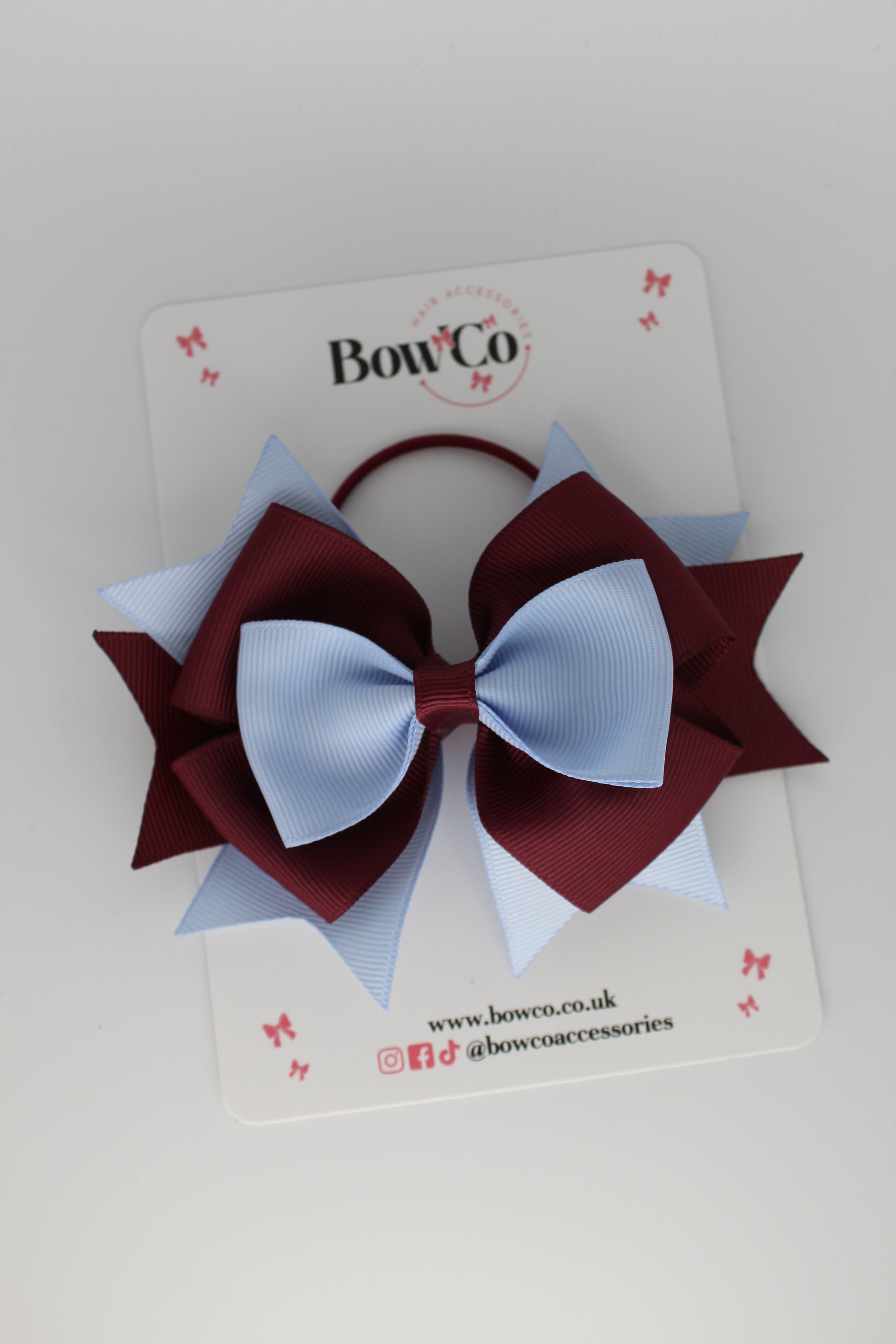 3.5 Inches Layer Bow - Elastic Bobble - Burgundy and Bluebell