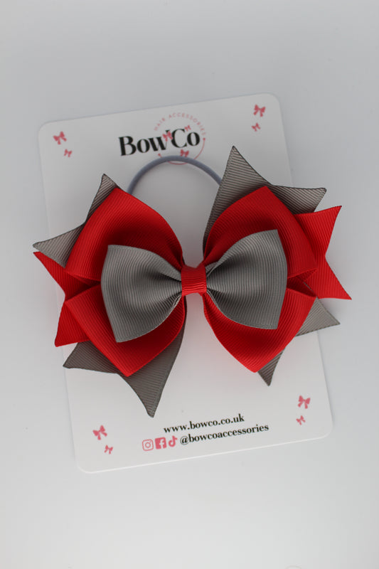 3.5 Inches Layer Bow - Elastic Bobble- Red and Metal Grey