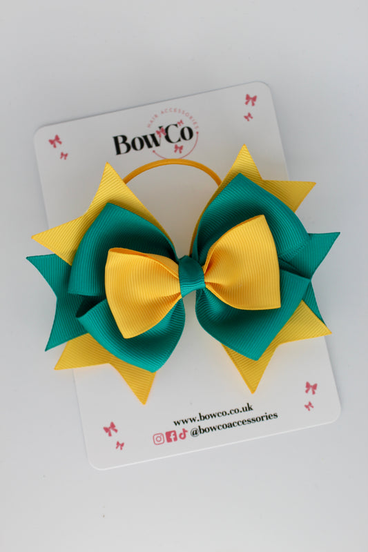 3.5 Inches Layer Bow - Elastic Bobble - Jade Green and Yellow Gold