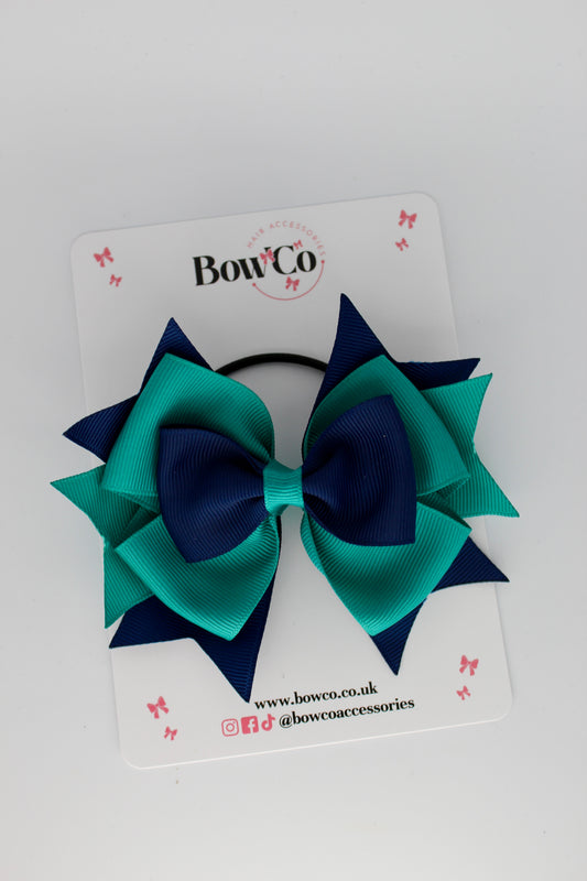 3.5 Inches Layer Bow - Elastic Bobble - Jade Green and Navy Blue