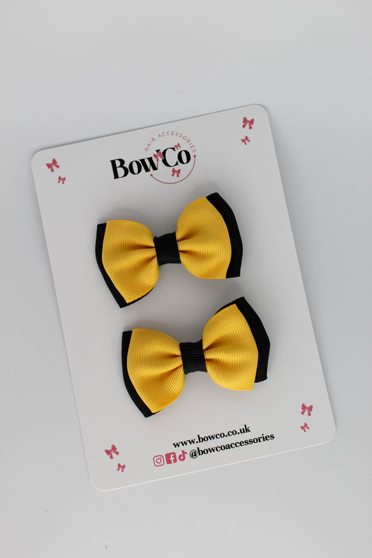 2.5 Inches Double Bow - 2 Pack - Clip - Black and Yellow Gold