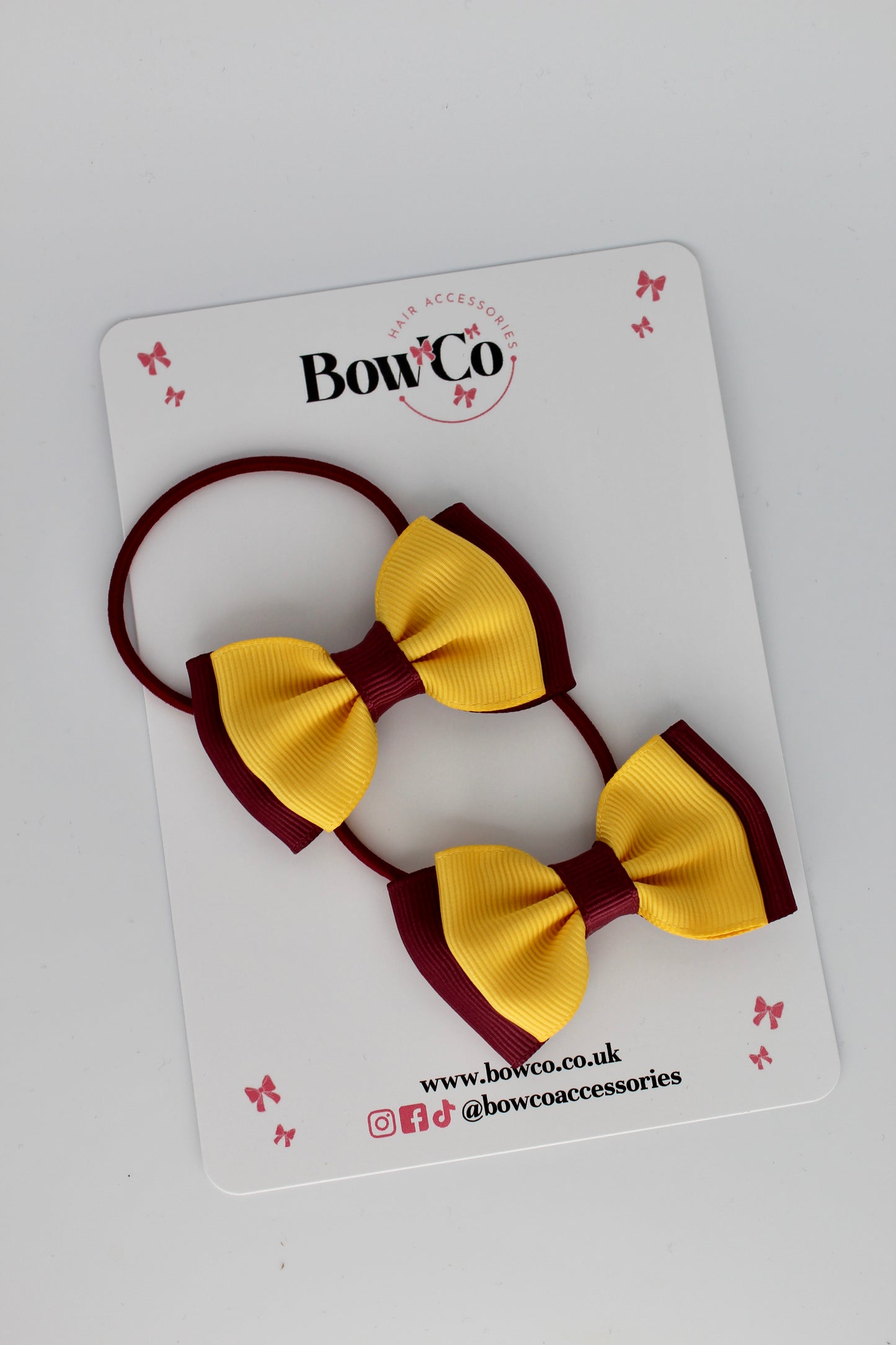2.5 Inches Double Bow - 2 Pack - Elastic Bobble - Burgundy and Yellow Gold