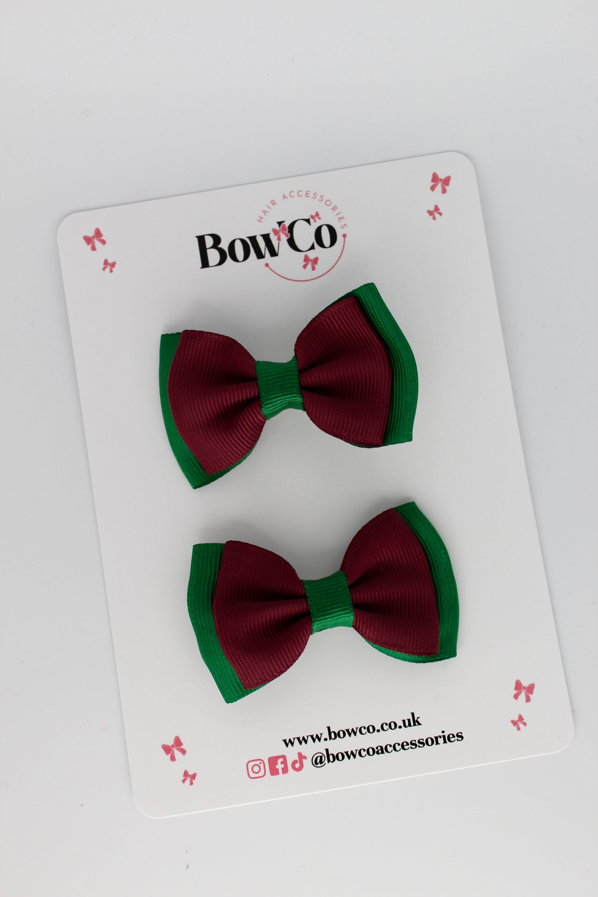 2.5 Inches Double Bow - 2 Pack - Clip - Forest Green and Burgundy