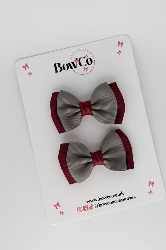 Double Bow Set - Clip - Burgundy and Metal Grey