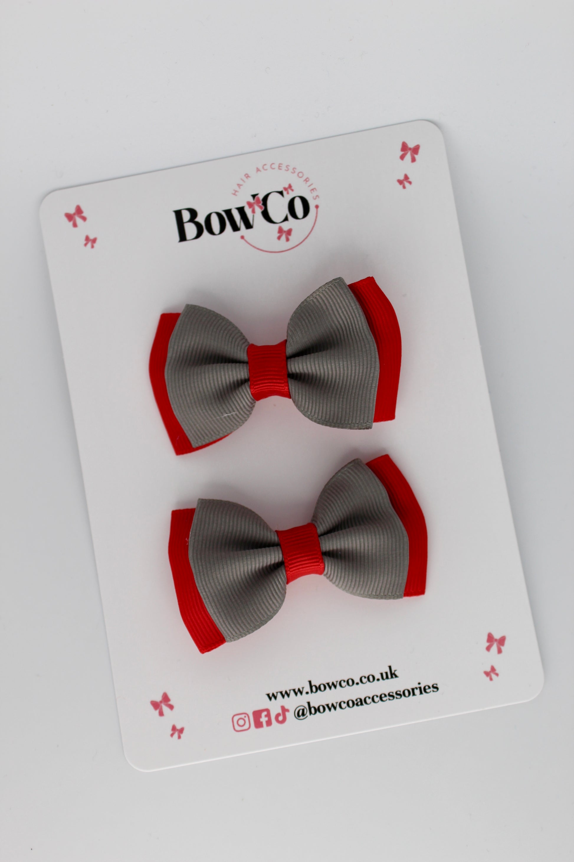 2.5 Inches Double Bow - 2 Pack - Clip - Red and Metal Grey