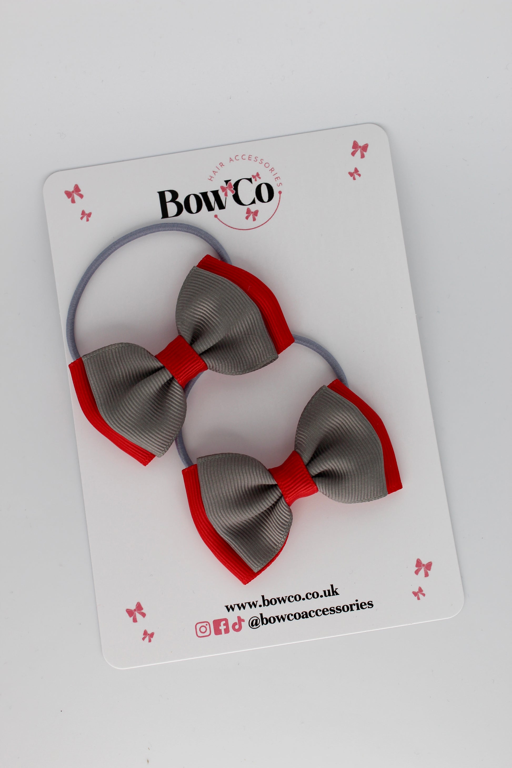 2.5 Inches Double Bow - 2 Pack - Elastic Bobble - Red and Metal Grey