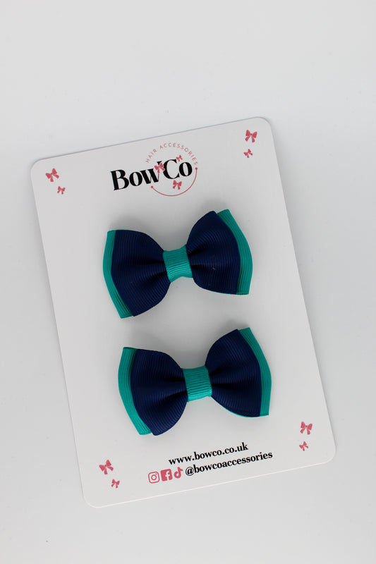 2.5 Inches Double Bow - 2 Pack - Clip - Jade Green and Navy