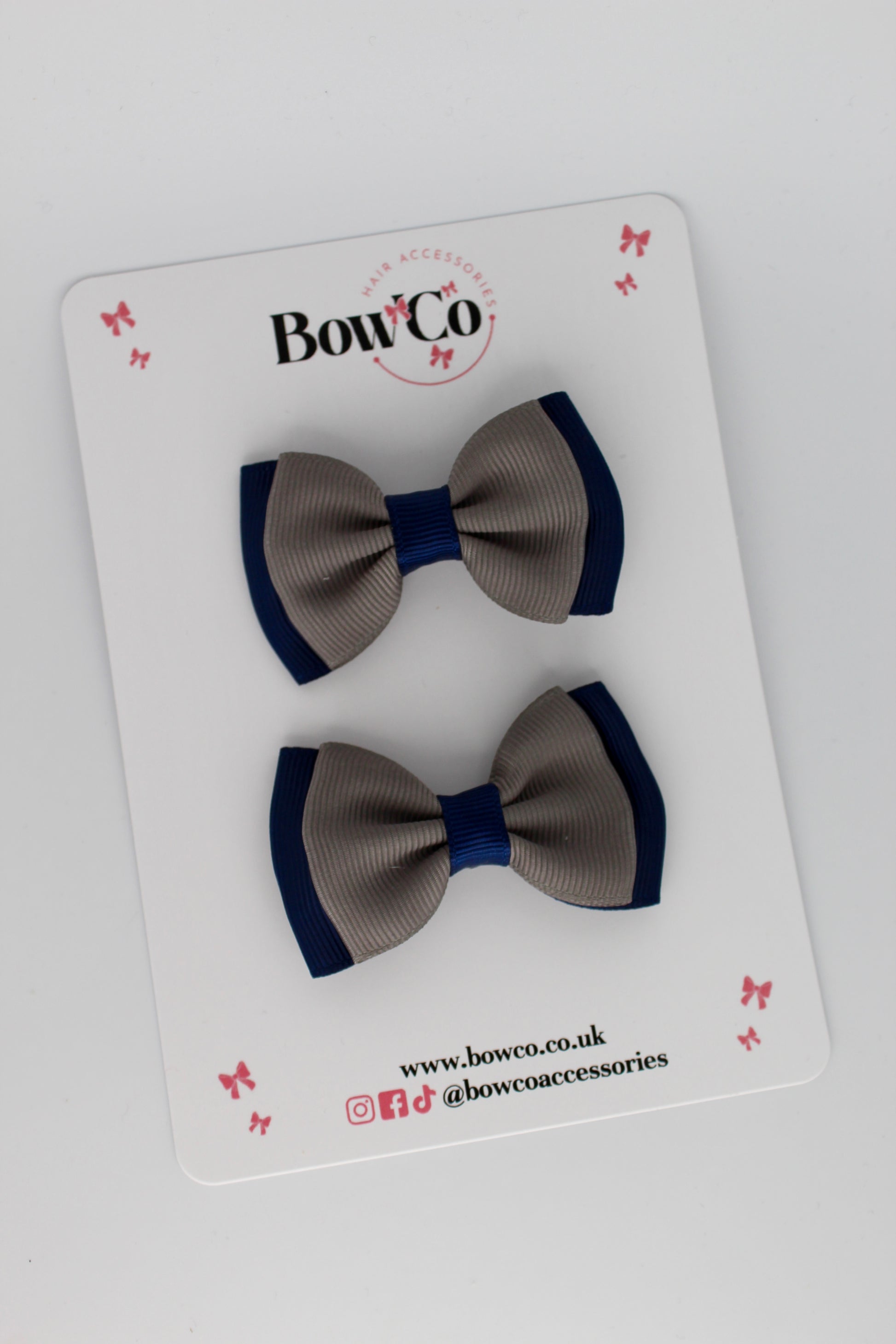 2.5 Inches Double Bow - 2 Pack - Clip - Navy Blue and Metal Grey