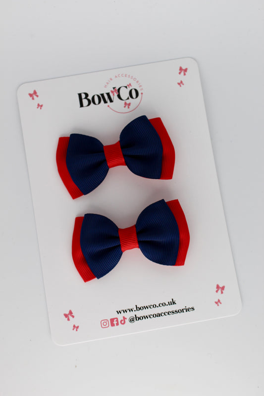 2.5 Inches Double Bow - 2 Pack - Clip - Red and Navy Blue