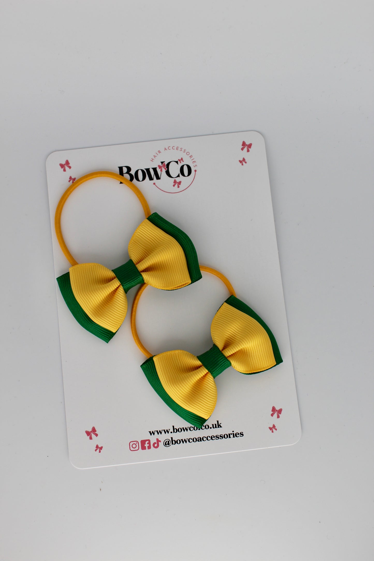 2.5 Inches Double Bow - 2 Pack - Elastic Bobble - Forest Green and Yellow Gold