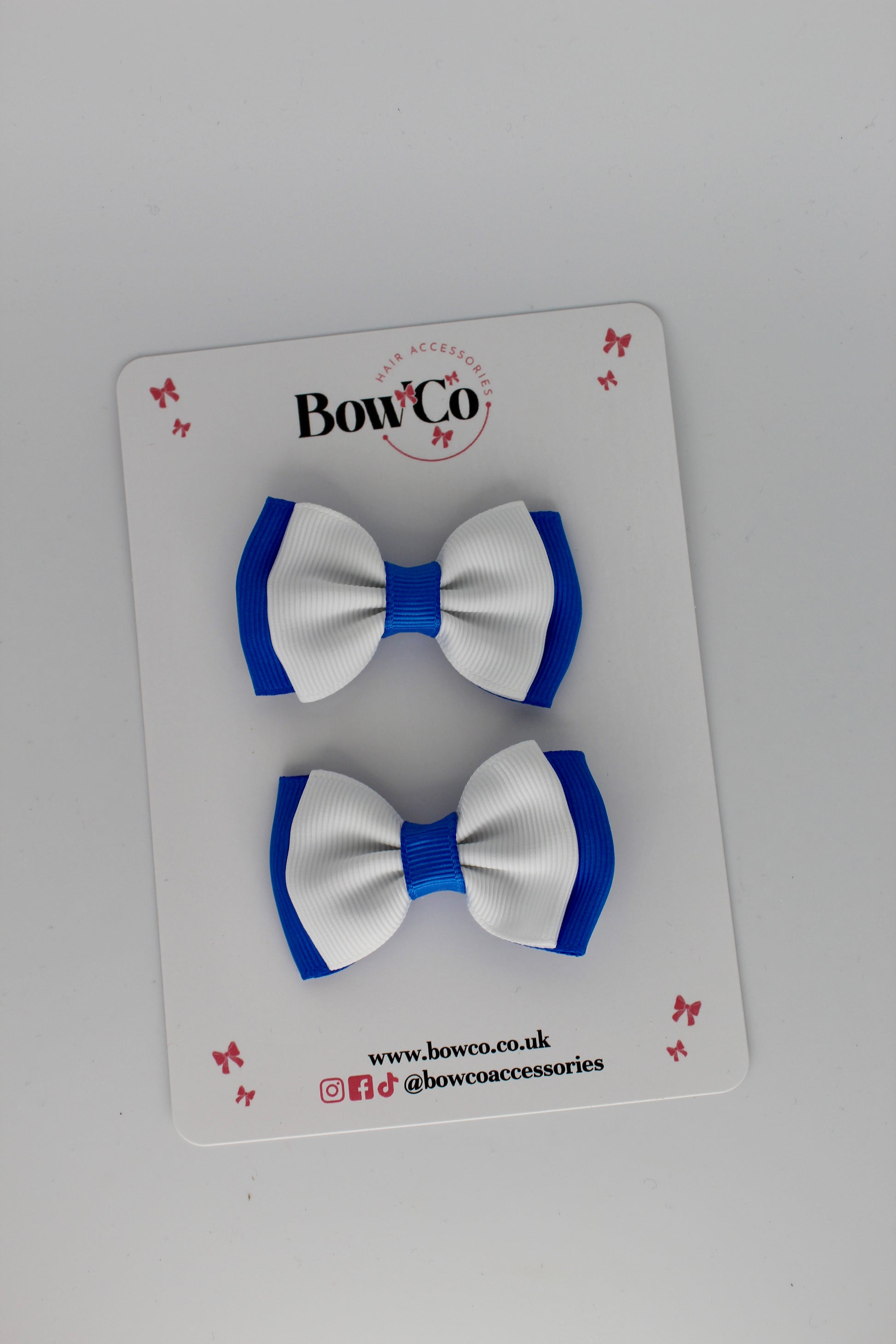 2.5 Inches Double Bow - 2 Pack - Clip - Royal Blue and White