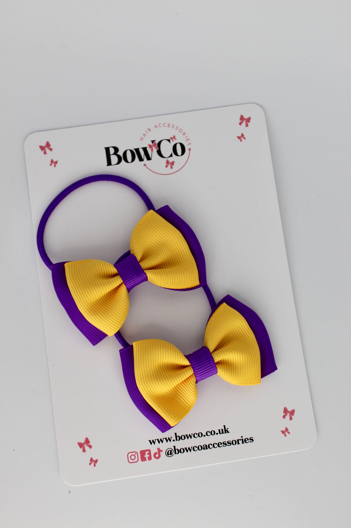 2.5 Inches Double Bow - 2 Pack - Elastic Bobble - Purple and Yellow Gold