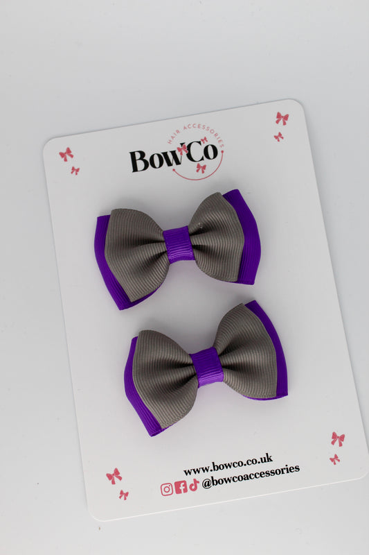 2.5 Inches Double Bow - 2 Pack - Clip - Purple and Metal Grey