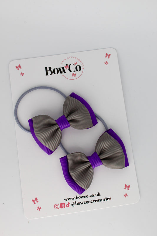 2.5 Inches Double Bow - 2 Pack - Elastic Bobble - Purple and Metal Grey