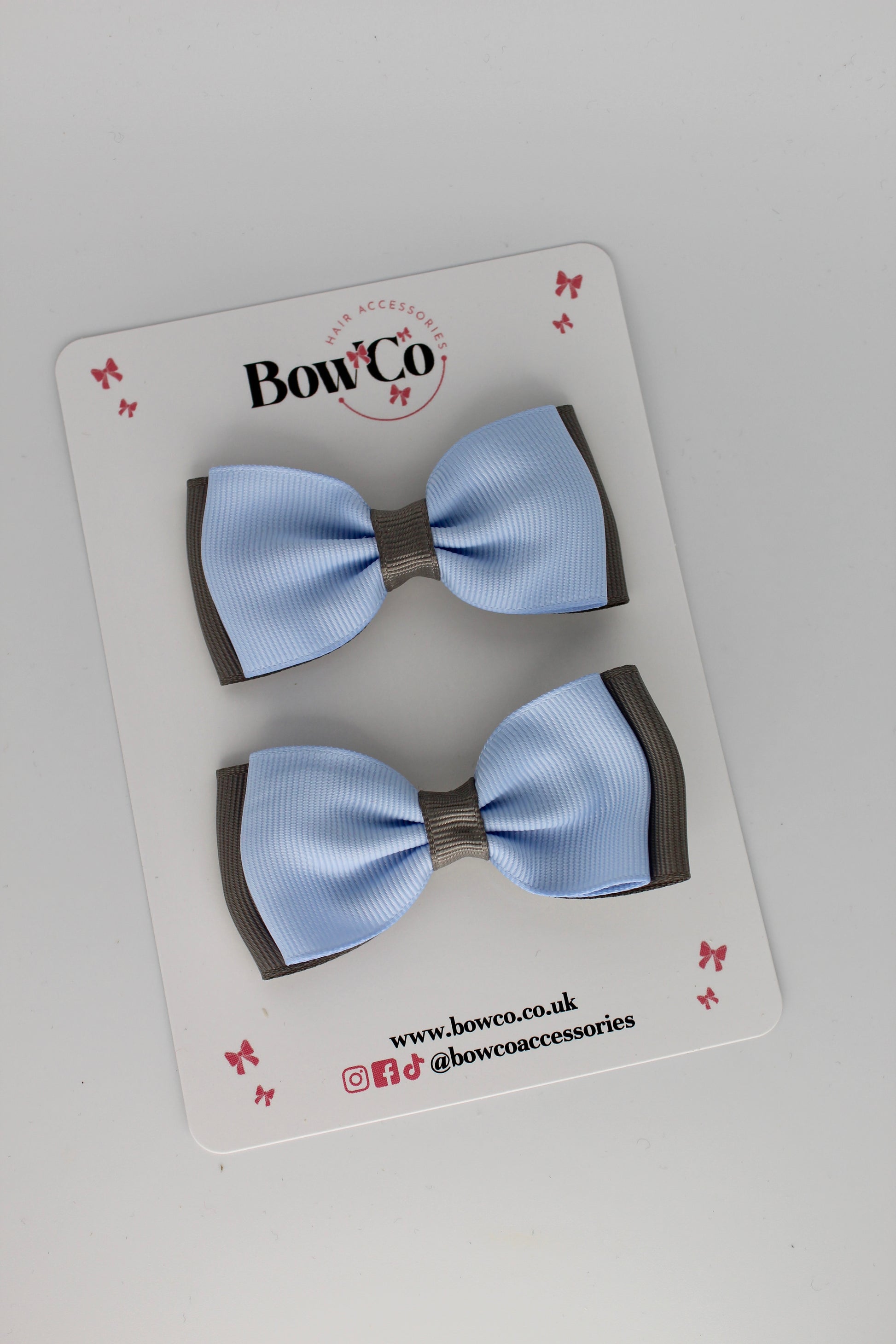 2.5 Inches Double Bow - 2 Pack - Clip - Bluebell and Metal Grey