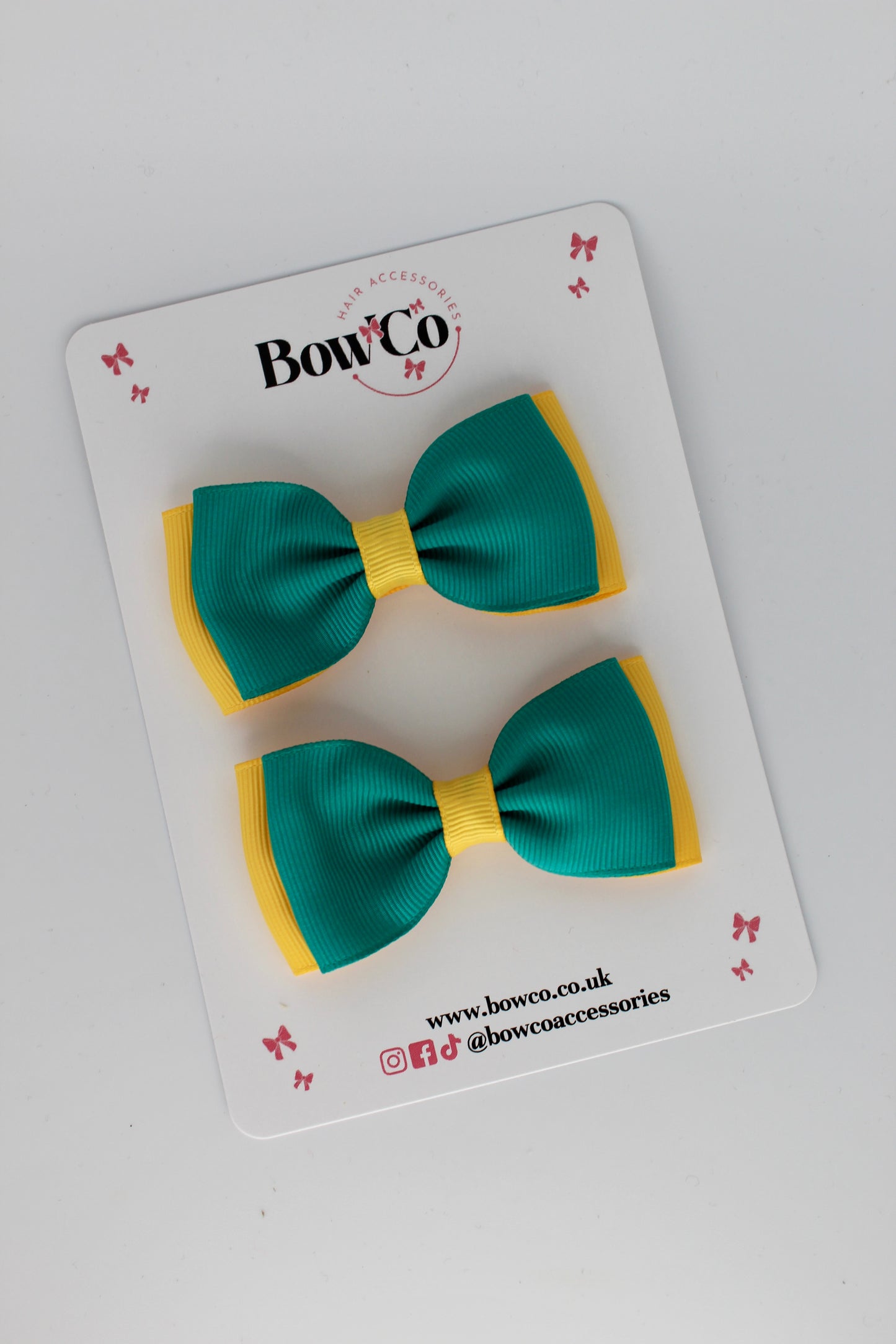 2.5 Inches Double Bow - 2 Pack - Clip - Jade Green and Yellow Gold