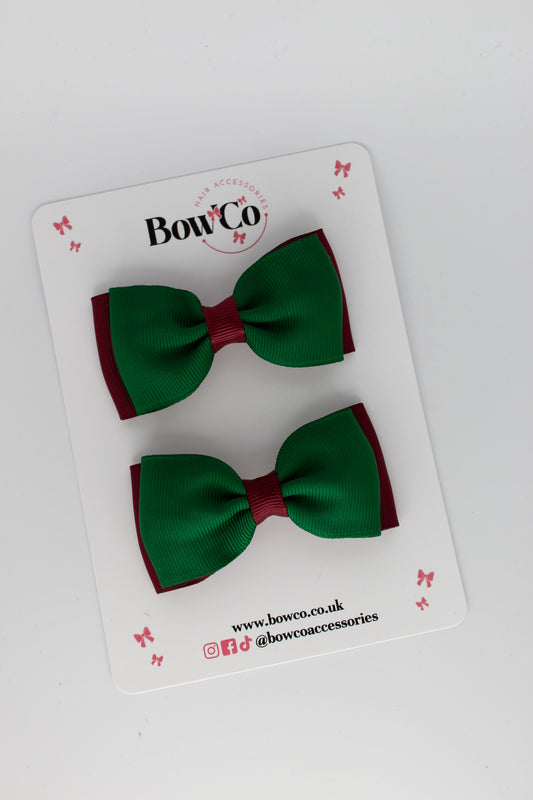 Forest Green and Burgundy - Double Lapel Bow Set - Clip