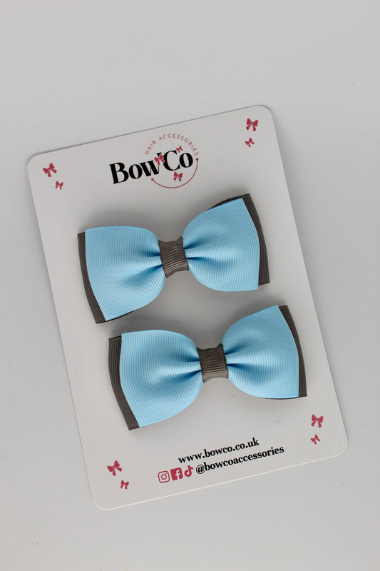 Blue Topaz and Metal Grey - Double Lapel Bow Set - Clip