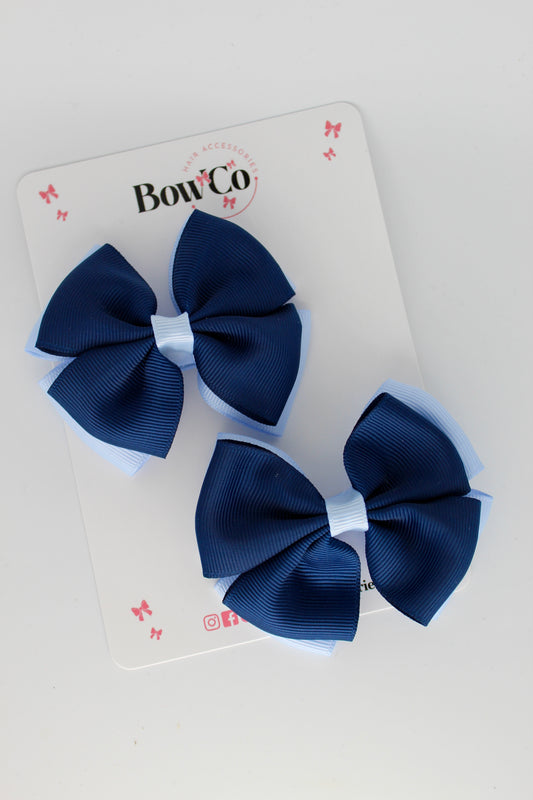 3 Inch Double Layer Bow - Clip - 2 Pack - Navy Blue and Bluebell