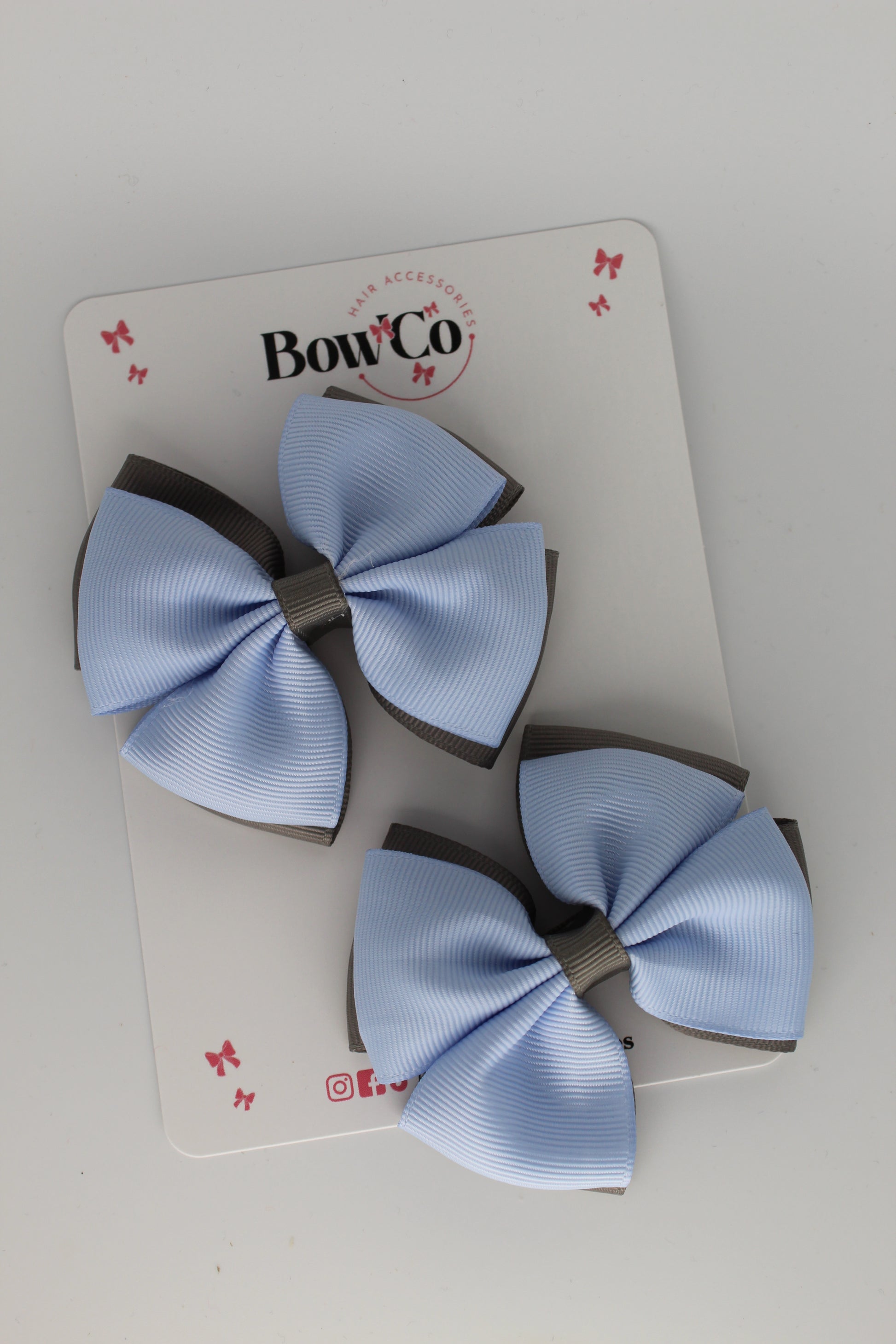 3 Inch Double Layer Bow - Clips - Bluebell and Metal Grey