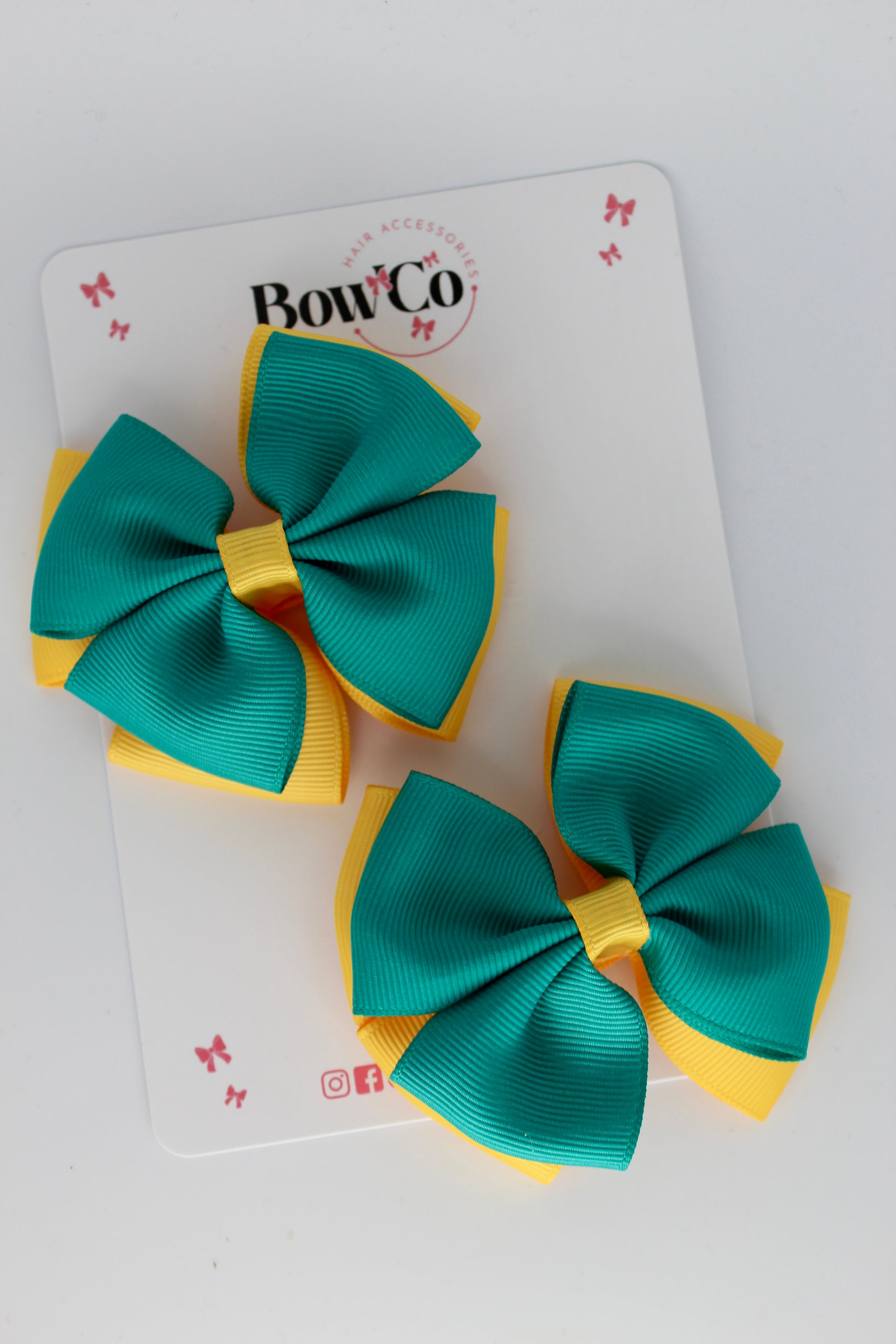 3 Inch Double Layer Bow - Clip - 2 Pack - Jade Green and Yellow Gold